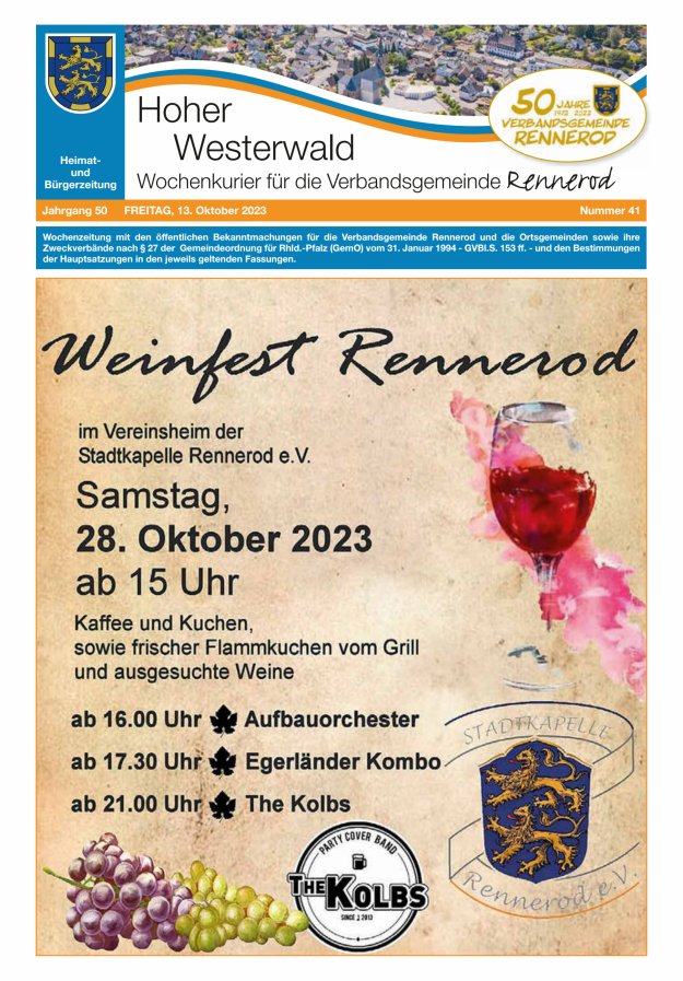 Hoher Westerwald - Wochenkurier für die Verbandsgemeinde Rennerod Titelblatt 41/2023