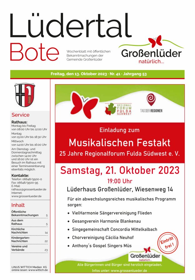 Wochenblatt mit öffentlichen Bekanntmachungen der Gemeinde Großenlüder Titelblatt 41/2023