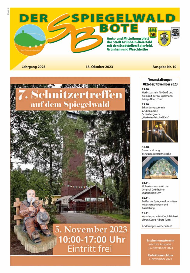 Der Spiegelwaldbote - Amts- und Mitteilungsblatt der Gemeinde Grünhain-Beierfeld  Titelblatt 10/2023