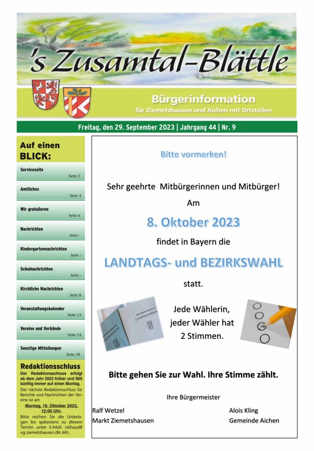 's Zusamtal-Blättle Bürgerinformationen für Ziemetshausen und Aichen mit OTen Titelblatt 09/2023
