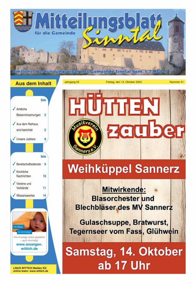Mitteilungsblatt für die Gemeinde Sinntal Titelblatt 41/2023