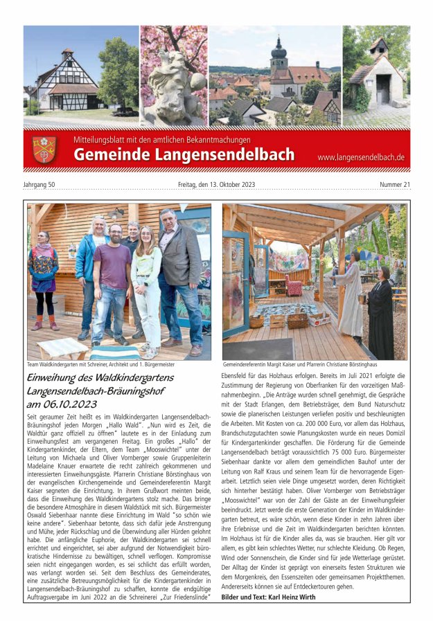 Mitteilungsblatt - Gemeinde Langensendelbach Titelblatt 21/2023
