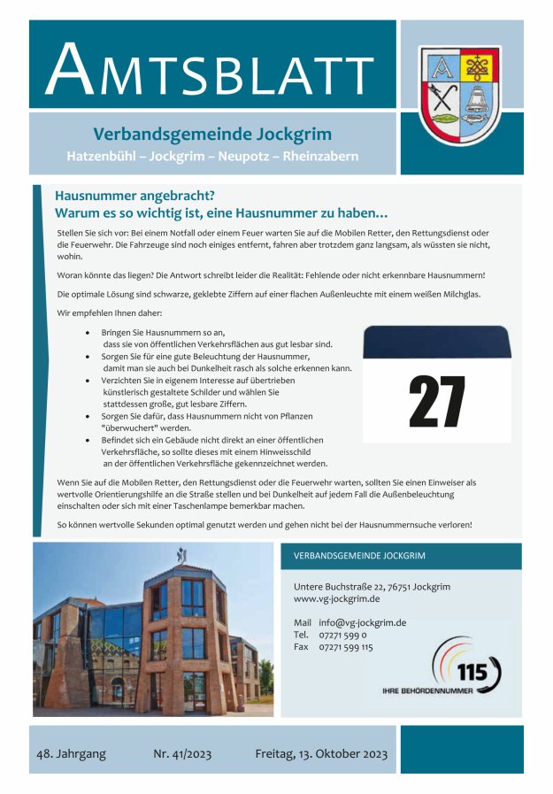 Amtsblatt VG Jockgrim Titelblatt 41/2023