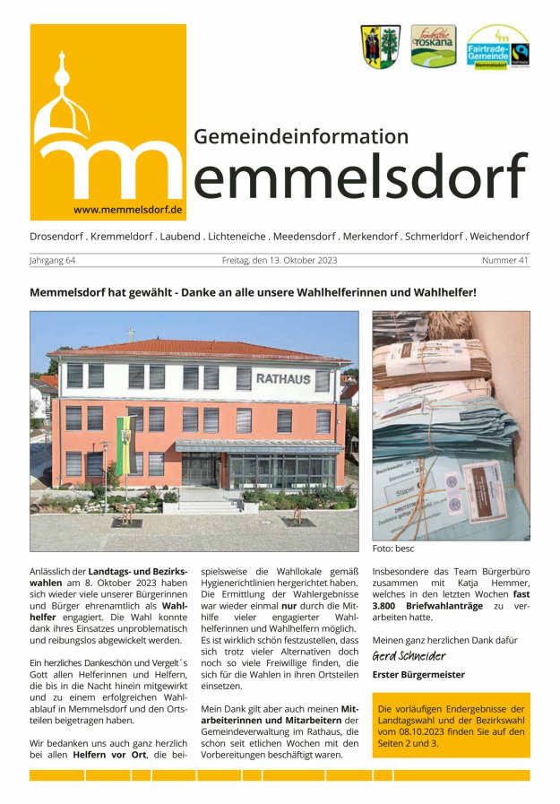 Mitteilungsblatt der Gemeinde Memmelsdorf Titelblatt 41/2023
