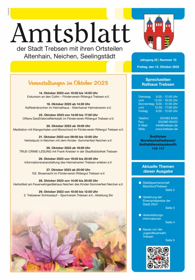 Stadtjournal der Stadt Trebsen mit ihren Ortsteilen Titelblatt 10/2023