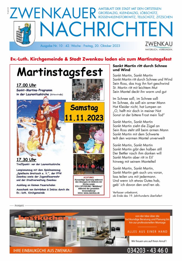 Zwenkauer Nachrichten - Amtsblatt der Stadt mit ihren Ortsteilen Titelblatt 10/2023