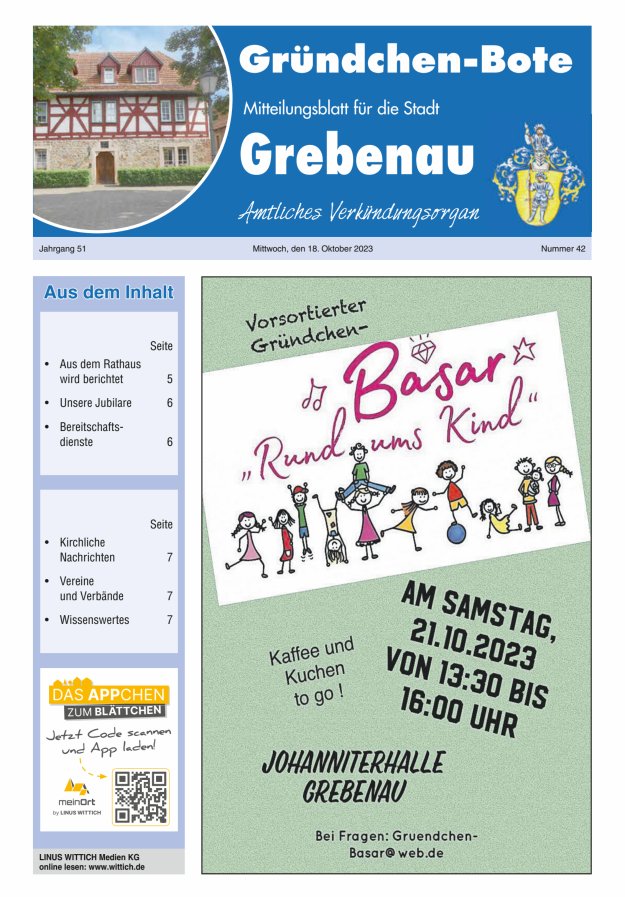 Grebenau - Gründchen Bote - Mitteilungsblatt für die Stadt Grebenau Titelblatt 42/2023