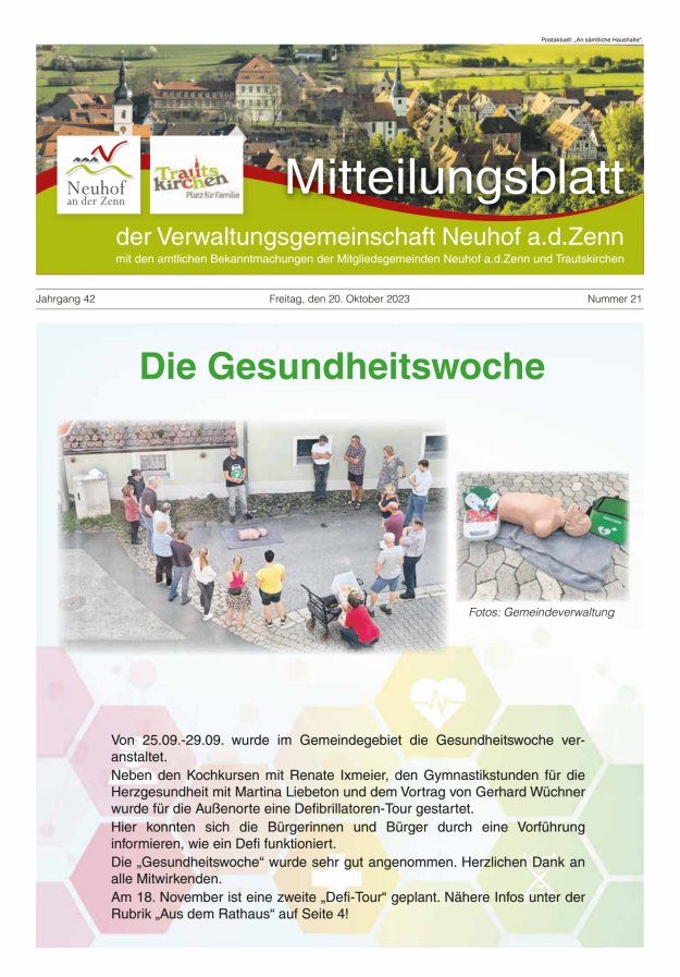 Mitteilungsblatt der Verwaltungsgemeinschaft Neuhof an der Zenn mit den amtlichen Bekanntmachungen der Mitgliedsgemeinden Neuhof an der Zenn und Trautskirchen Titelblatt 21/2023