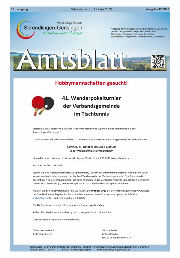 Amtsblatt VG Sprendlingen-Gensingen Titelblatt 42/2023