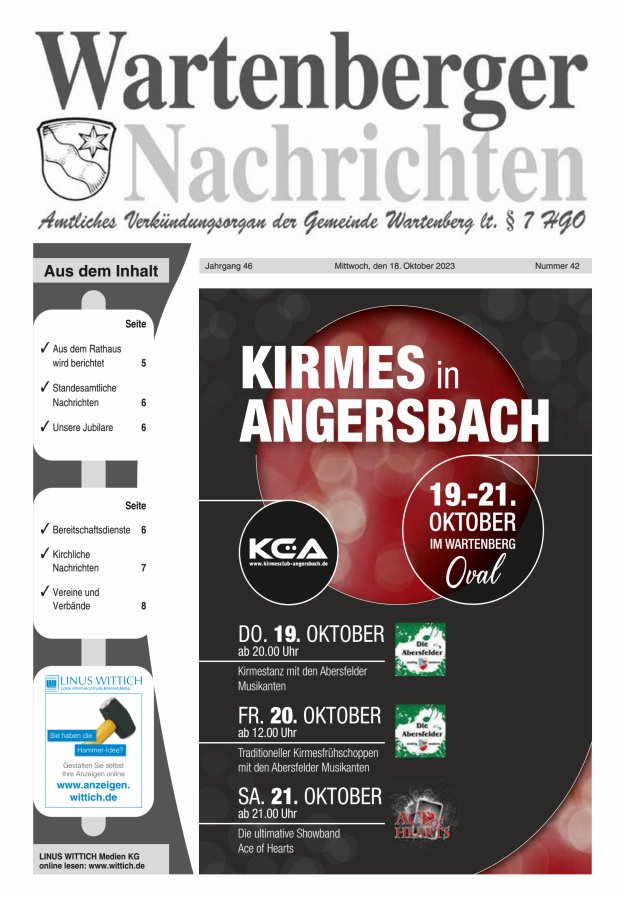 Wartenberger Nachrichten Titelblatt 42/2023