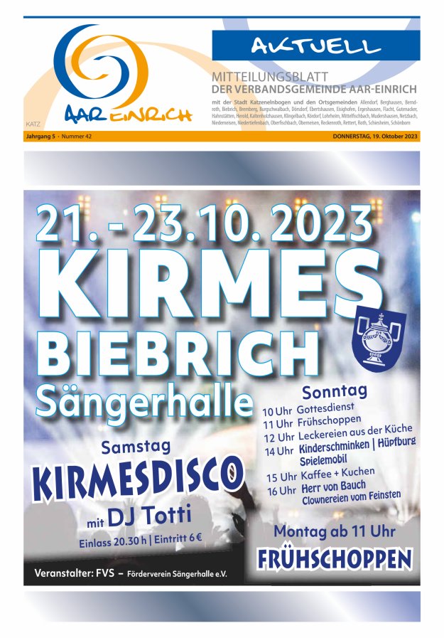 Mitteilungsblatt der Verbandsgemeinde Aar-Einrich Ausgabe Katzenelnbogen Titelblatt 42/2023