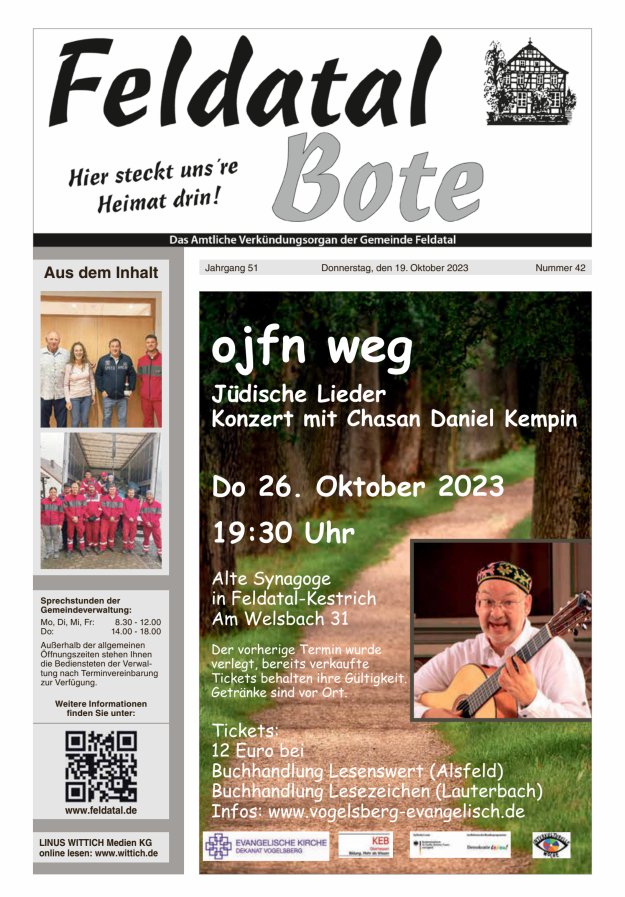 Das Amtliche Verkündungsorgan der Gemeinde Feldatal Titelblatt 42/2023