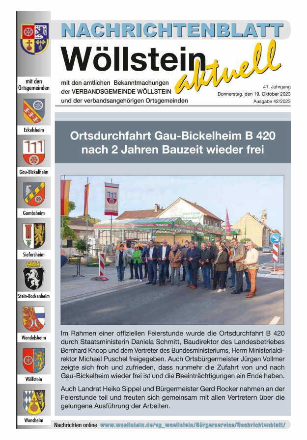 Nachrichtenblatt Wöllstein aktuell Titelblatt 42/2023