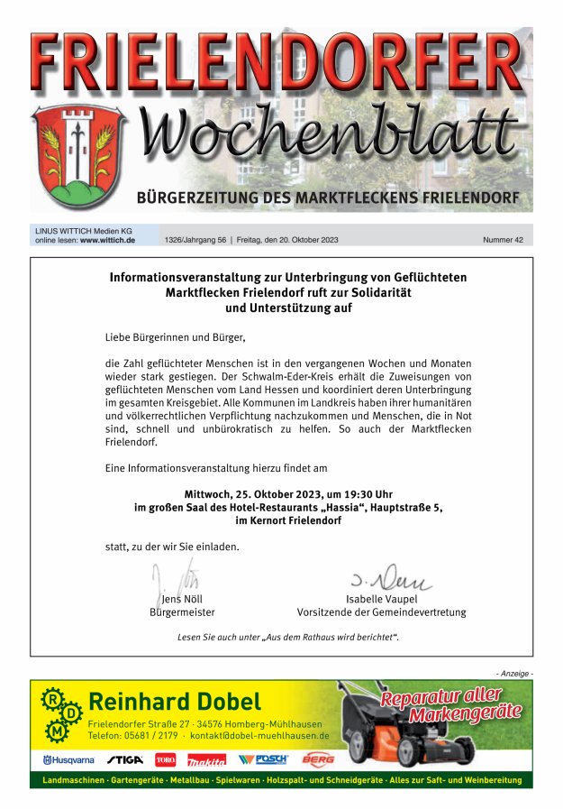 Frielendorfer Wochenblatt Titelblatt 42/2023