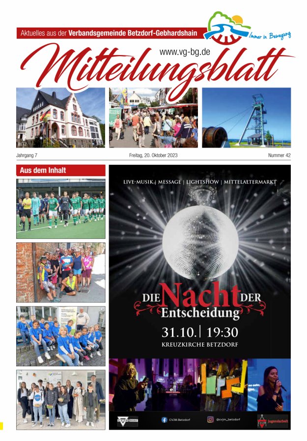 Aktuelles aus der VG Betzdorf-Gebhardshain, Ausgabe Betzdorf Titelblatt 42/2023