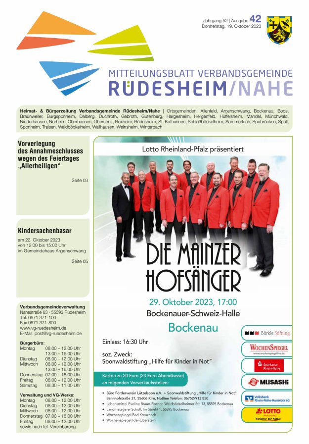 Mitteilungsblatt Verbandsgemeinde Rüdesheim und zugehörige Ortsgemeinden Titelblatt 42/2023