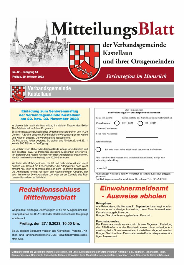 Mitteilungsblatt Kastellaun Titelblatt 42/2023