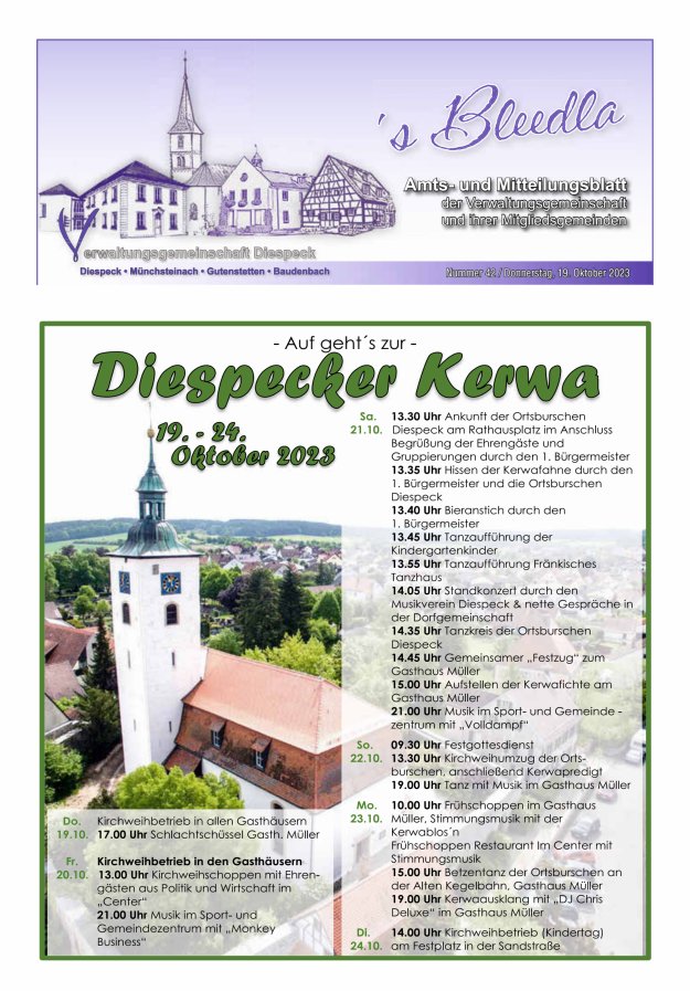 Amts- und Mitteilungsblatt VGem Diespeck Titelblatt 42/2023