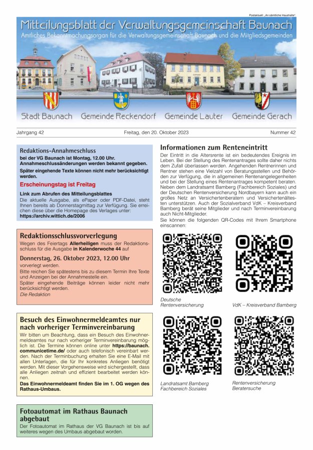 Mitteilungsblatt Verwaltungsgemeinschaft Baunach Titelblatt 42/2023