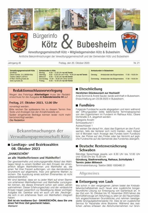 Amtsblatt der VG Kötz und der Mitgliedsgemeinden Titelblatt 21/2023