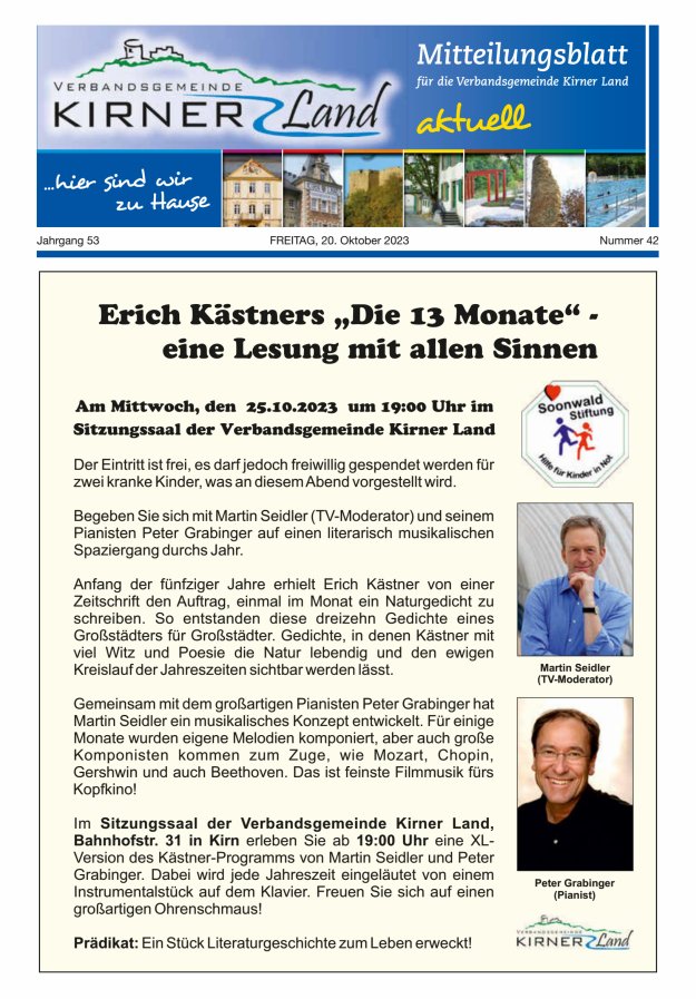 Mitteilungsblatt für den Bereich der Verbandsgemeinde Kirner Land Titelblatt 42/2023