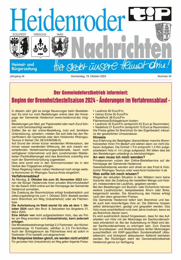 "tip" Heidenroder Nachrichten Titelblatt 42/2023