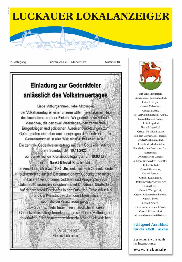Luckauer Lokalanzeiger (beiliegend Amtsblatt für die Stadt Luckau) Titelblatt 10/2023