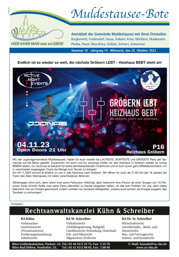 Muldestausee-Bote – Amtsblatt der Gemeinde Muldestausee mit ihren Ortsteilen Titelblatt 10/2023