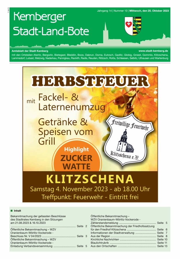 Kemberger Stadt-Land-Bote Amtsblatt der Stadt Kemberg Titelblatt 10/2023