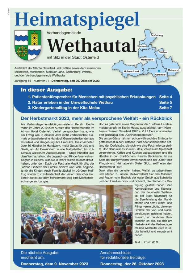 Heimatspiegel Verbandsgemeinde Wethautal mit Sitz in der Stadt Osterfeld Titelblatt 21/2023