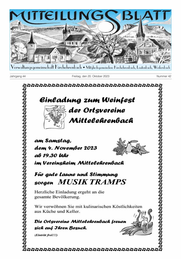 Mitteilungsblatt Verwaltungsgemeinschaft Kirchehrenbach Titelblatt 42/2023
