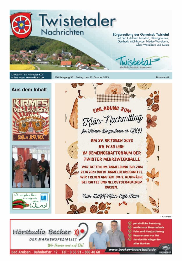 Twistetaler Nachrichten Titelblatt 42/2023