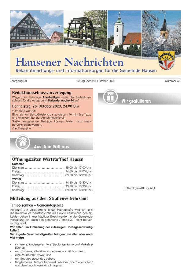 Hausener Nachrichten Titelblatt 42/2023