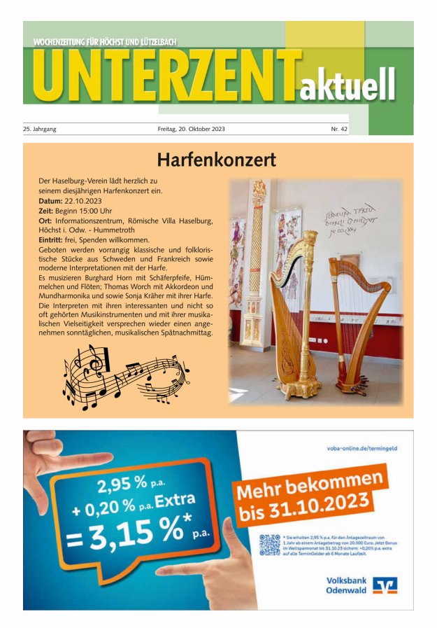 Unterzent aktuell Wochenzeitung für Höchst und Lützelbach Titelblatt 42/2023