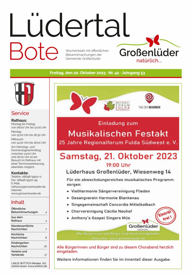 Wochenblatt mit öffentlichen Bekanntmachungen der Gemeinde Großenlüder Titelblatt 42/2023