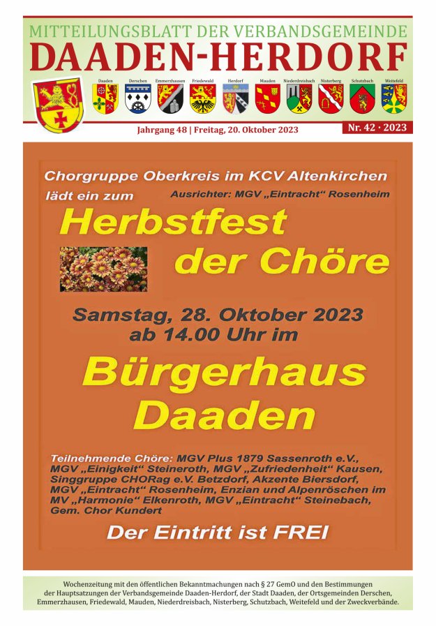 Mitteilungsblatt der Verbandsgemeinde Daaden-Herdorf Titelblatt 42/2023