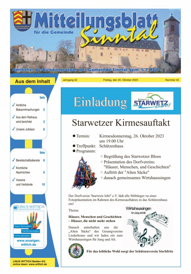 Mitteilungsblatt für die Gemeinde Sinntal Titelblatt 42/2023