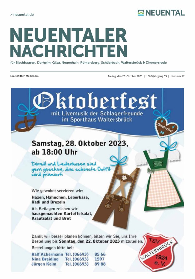 Neuentaler Nachrichten Titelblatt 42/2023