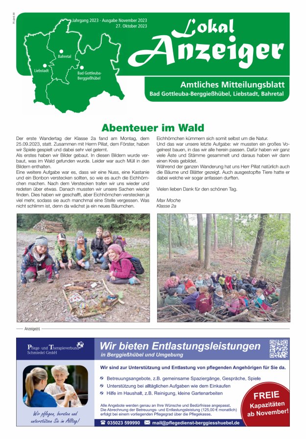 Lokal-Anzeiger - Amtliches Mitteilungsblatt Bad Gottleuba-Berggießhübel, Liebstadt, Bahretal Titelblatt 11/2023