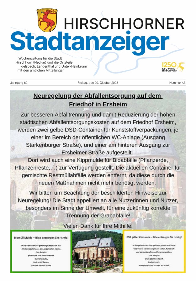 Hirschhorner Stadtanzeiger Titelblatt 42/2023