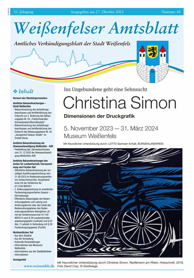 Weißenfelser Amtsblatt – Amtliches Verkündungsblatt der Stadt Weißenfels Titelblatt 10/2023