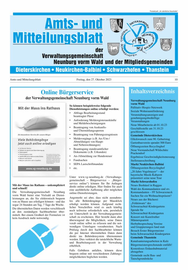 Amts- u Mitteilungsblatt der VG Neunburg vorm Wald u d Mitgliedsgemeinden Titelblatt 10/2023