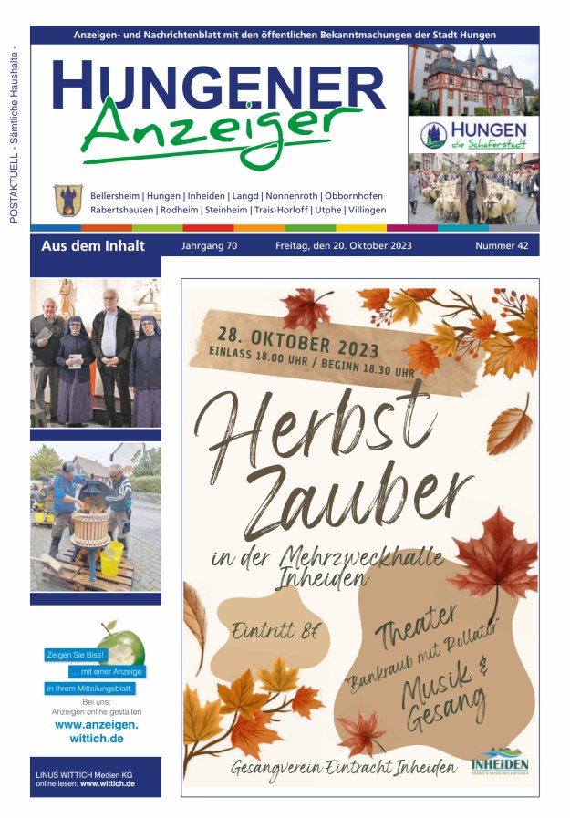 Anzeigen- und Nachrichtenblatt mit den öff  Bekanntmachungen der Stadt Hungen Titelblatt 42/2023