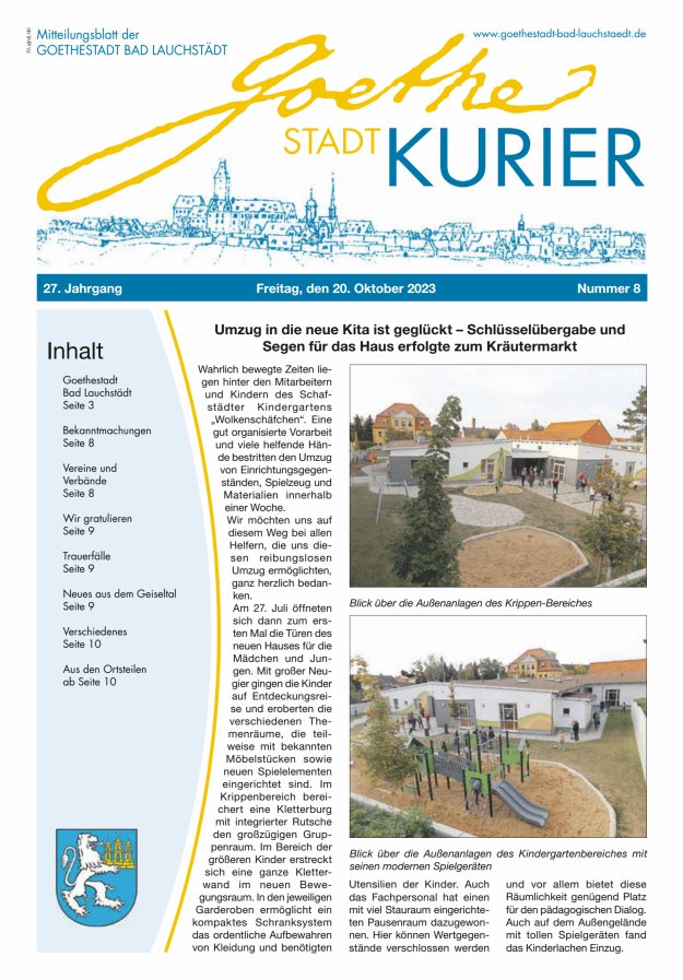 Goethestadt Kurier - Mitteilungsblatt der Goethestadt Bad Lauchstädt Titelblatt 08/2023
