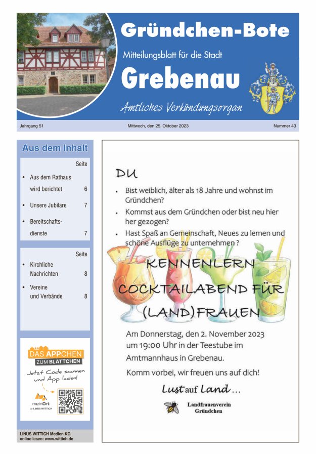 Grebenau - Gründchen Bote - Mitteilungsblatt für die Stadt Grebenau Titelblatt 43/2023