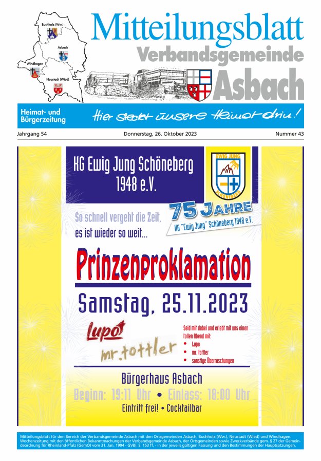Mitteilungsblatt Verbandsgemeinde Asbach Titelblatt 43/2023