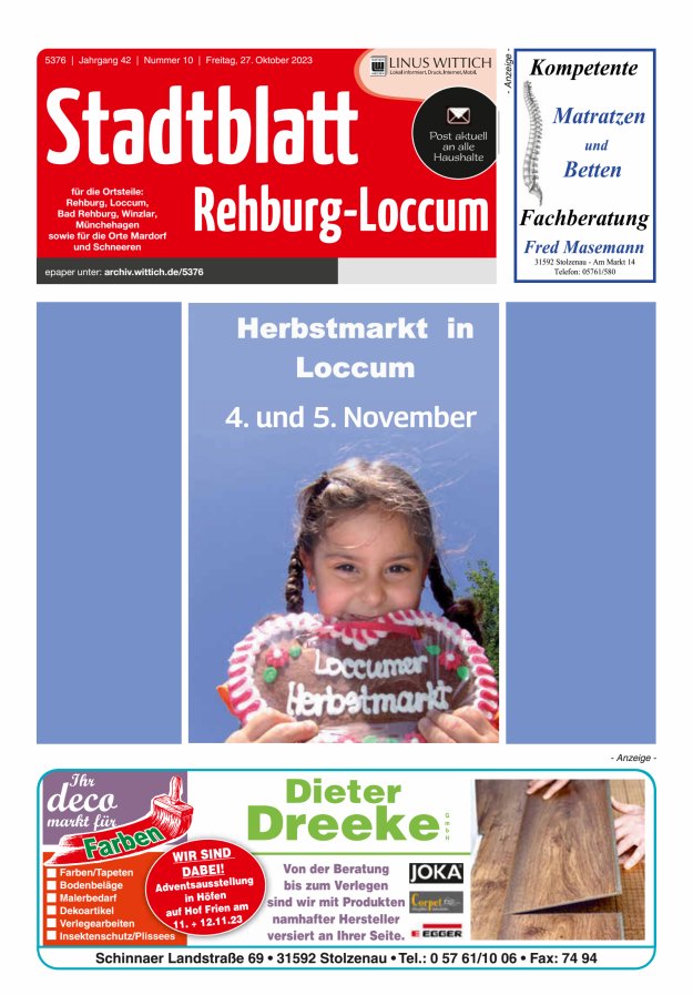Stadtblatt Rehburg-Loccum Titelblatt 10/2023
