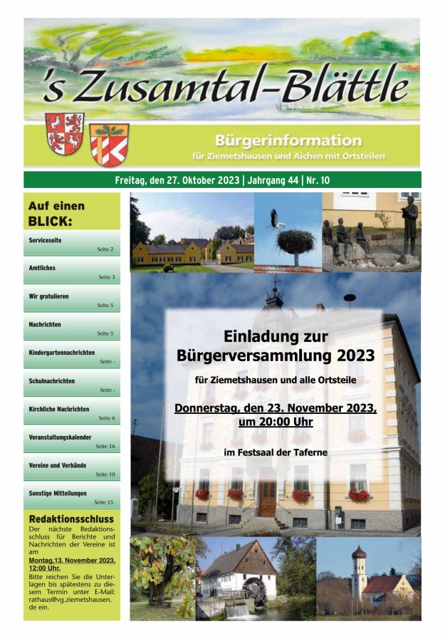 's Zusamtal-Blättle Bürgerinformationen für Ziemetshausen und Aichen mit OTen Titelblatt 10/2023
