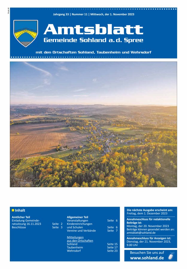 Amtsblatt der Gemeinde Sohland a. d. Spree mit den Ortschaften Sohland, Taubenheim und Wehrsdorf Titelblatt 11/2023