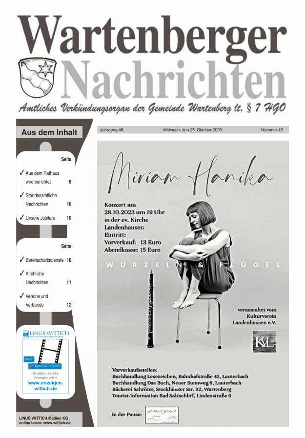 Wartenberger Nachrichten Titelblatt 43/2023